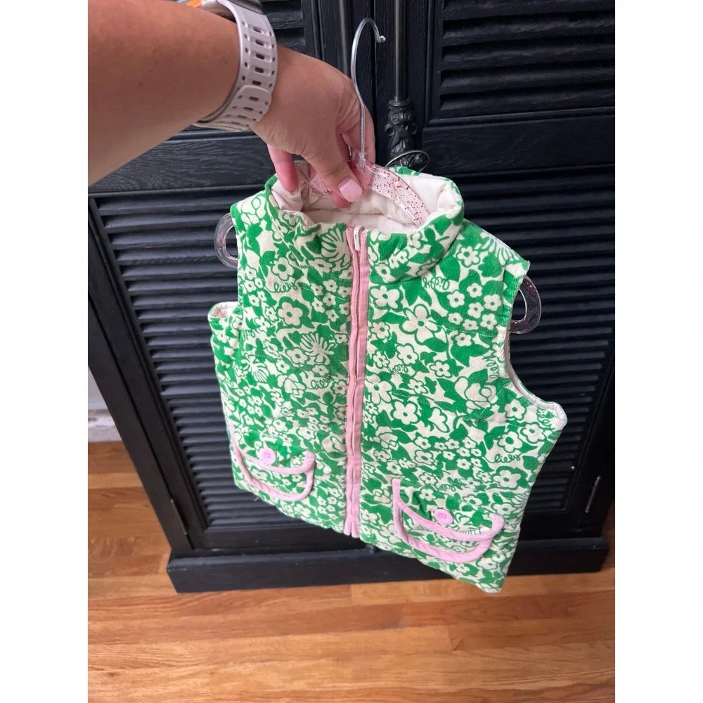 Lilly Pulitzer Girl 6‎ Floral Reversible Puffer Down Vest Green Pink